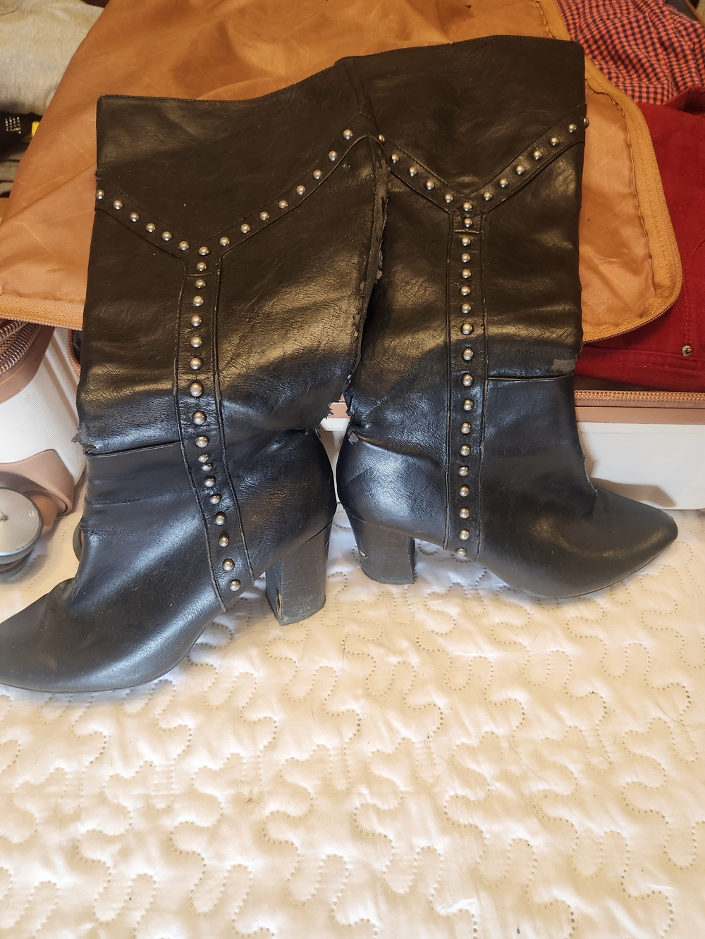 Source Unknown Black Studded Mid-Calf Heeled Boots